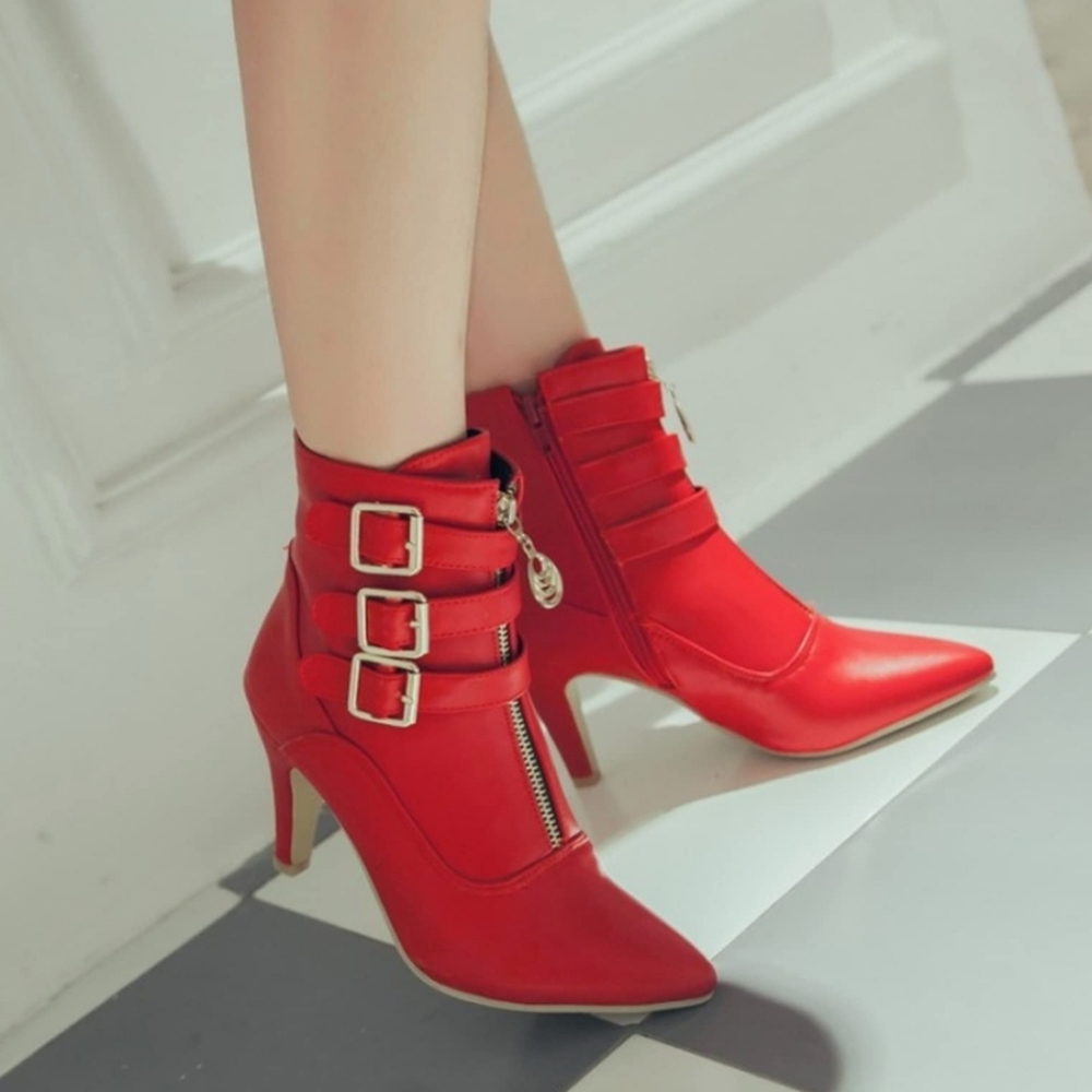 Women's Buckle Heels Pointed Toe short High Heels Boots